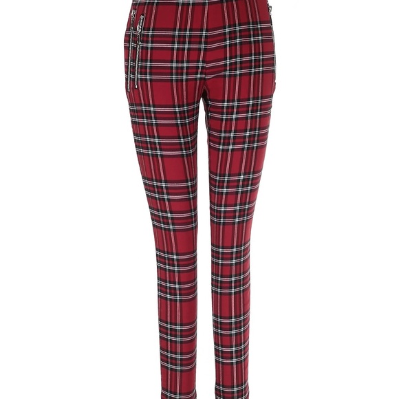 ZARA red plaid punk pants with zippers - Picture 3 of 7
